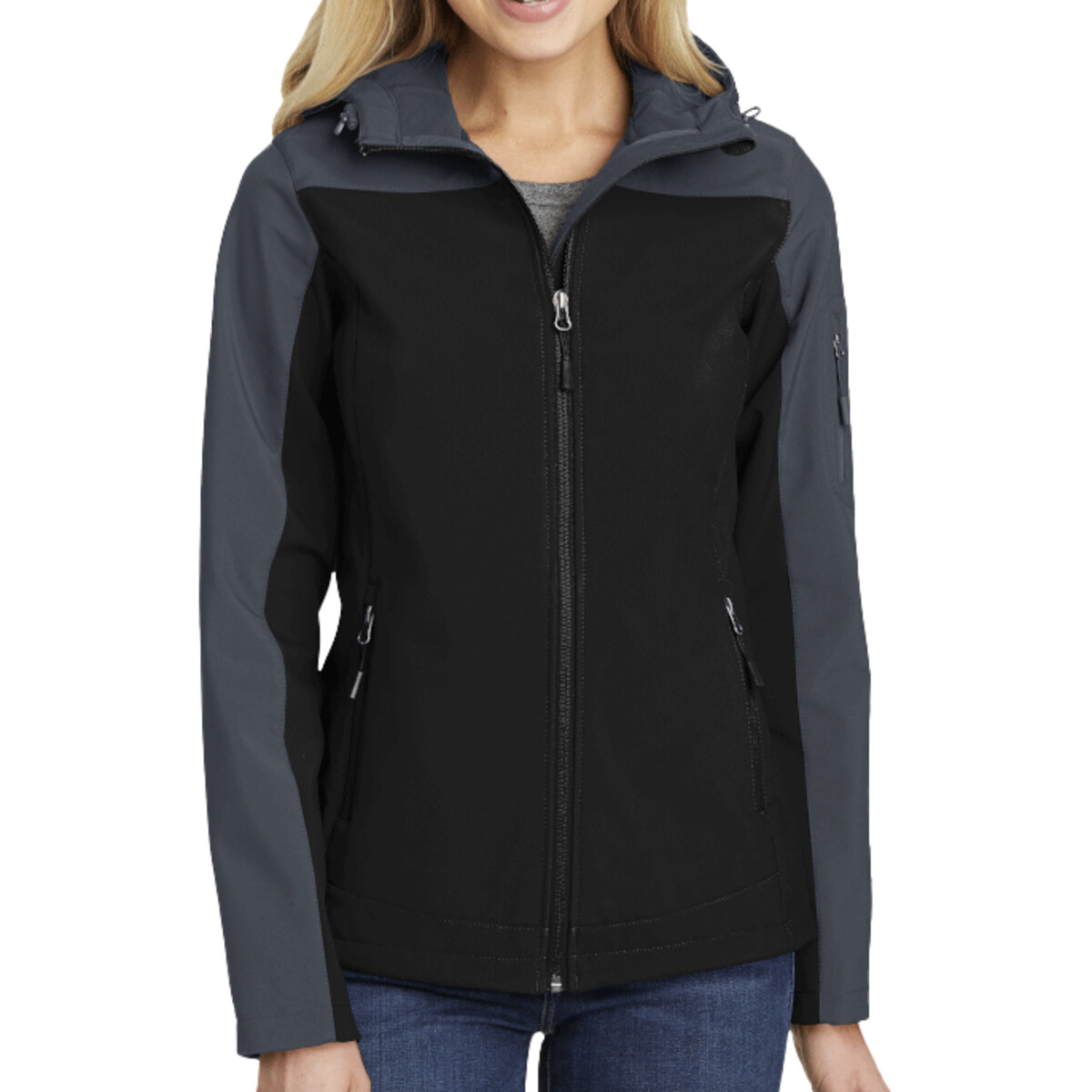 Custom No Minimum Port Authority Ladies Hooded Core Soft Shell Jacket L335 Front View