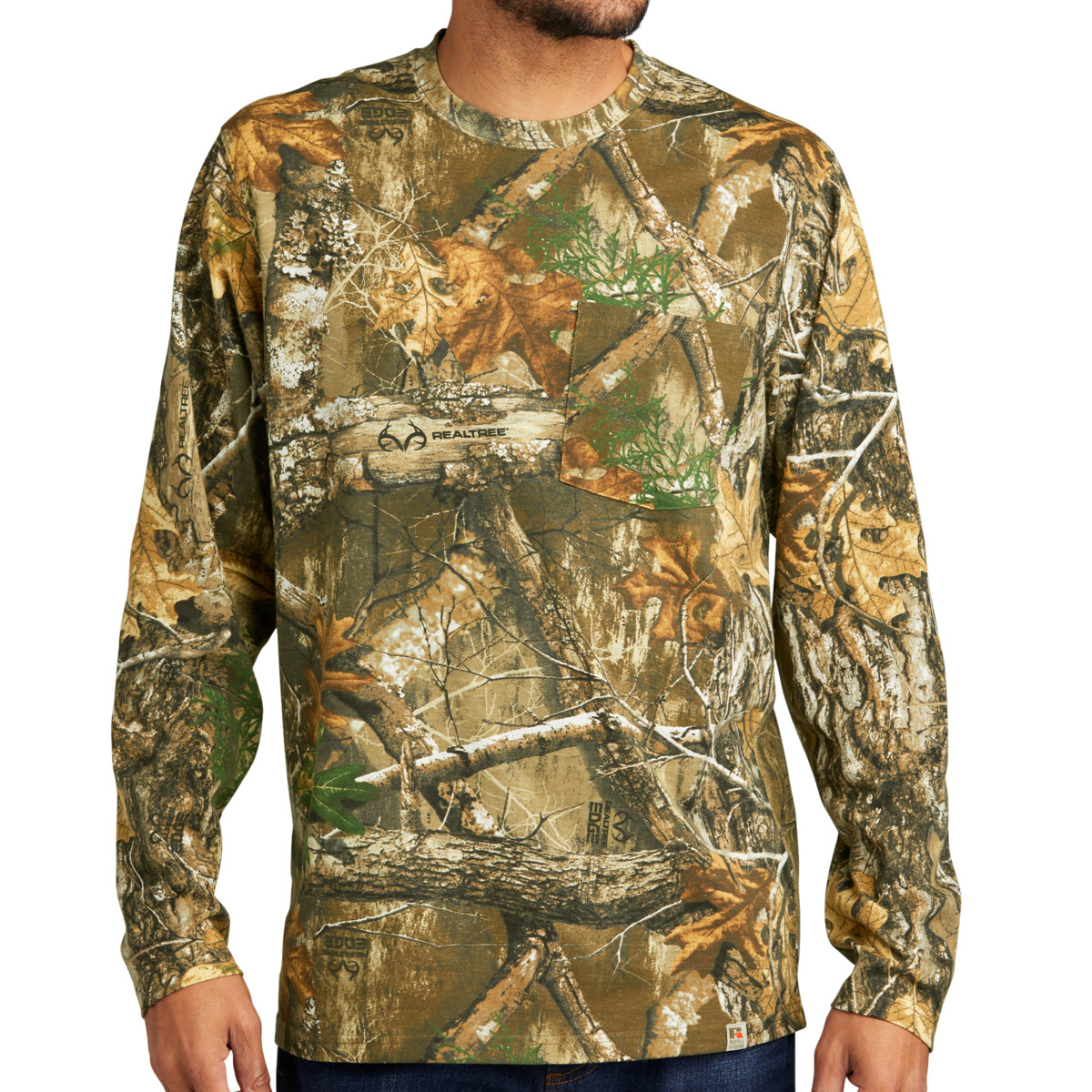 Custom No Minimum Russell Outdoors Realtree Long Sleeve Pocket Tee RU100LSP Front View
