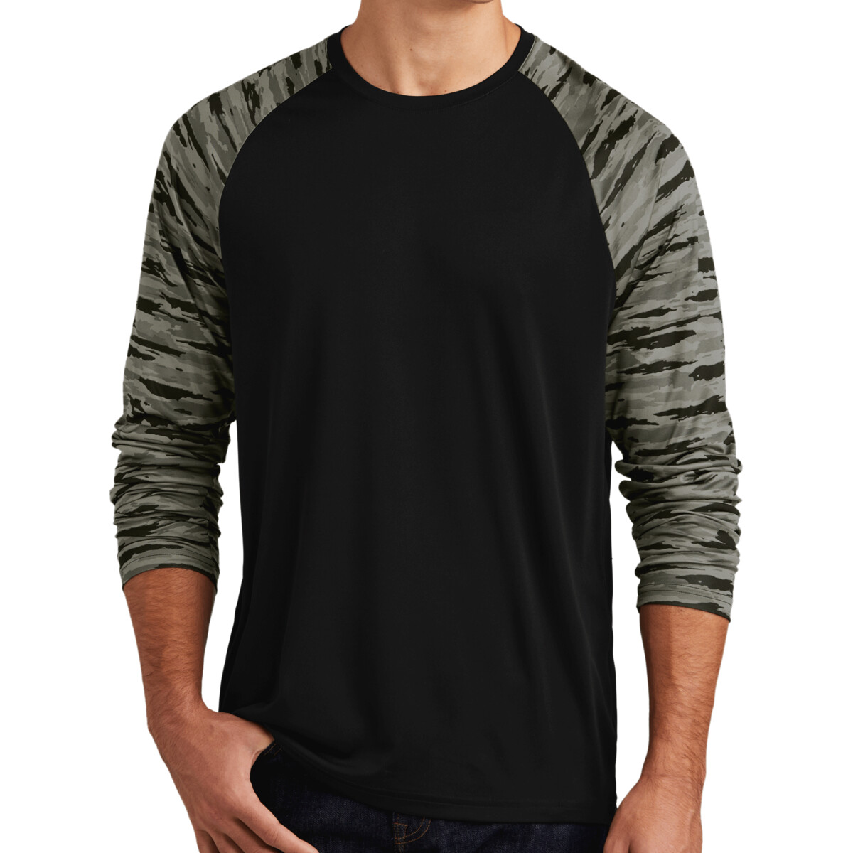 Custom No Minimum Sport-Tek Drift Camo Colorblock Long Sleeve Tee ST376LS Front View